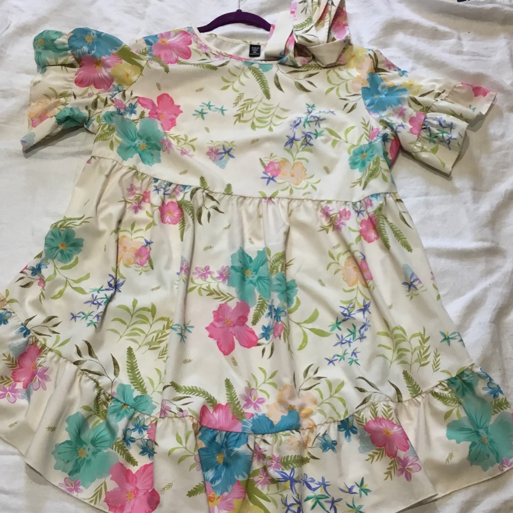 SHEIN Cream Floral Ruffle Dress with Pink & Teal Flowers